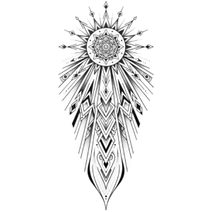 Geometric sun tattoo design with rays extending toward the thigh