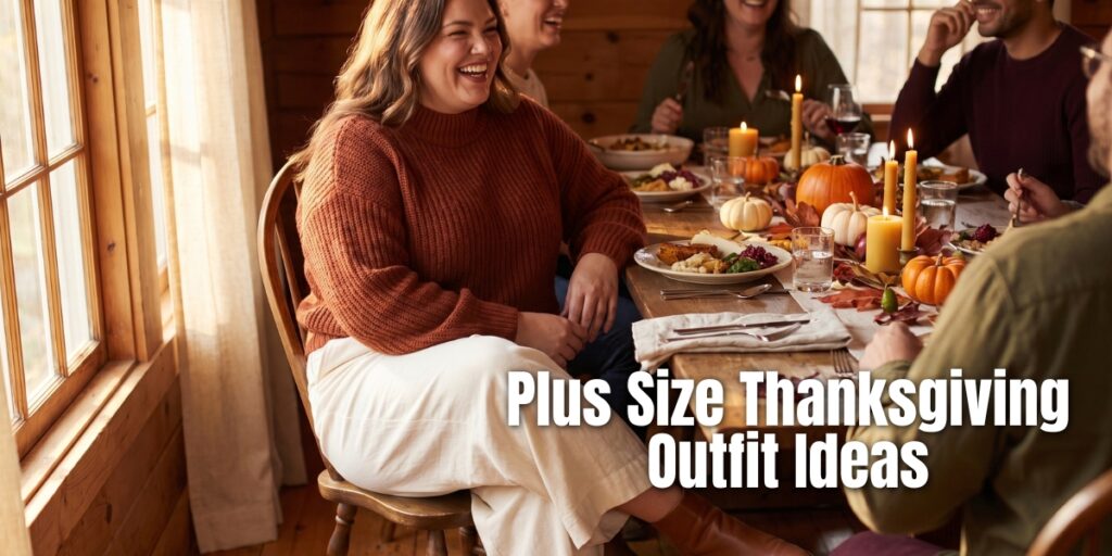 plus size woman in rust sweater and wide-leg pants at a Thanksgiving dinner table