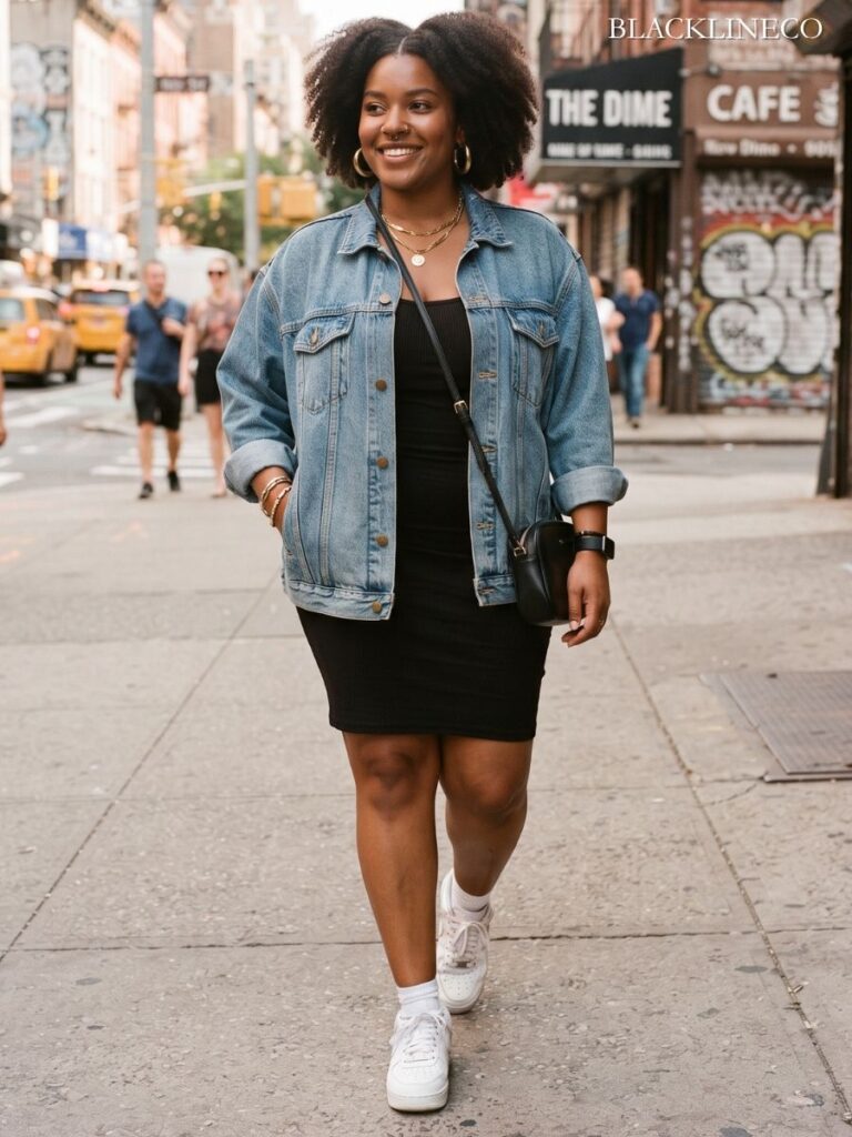 Plus-size Black woman in oversized 90s denim jacket over a slip dress with chunky sneakers