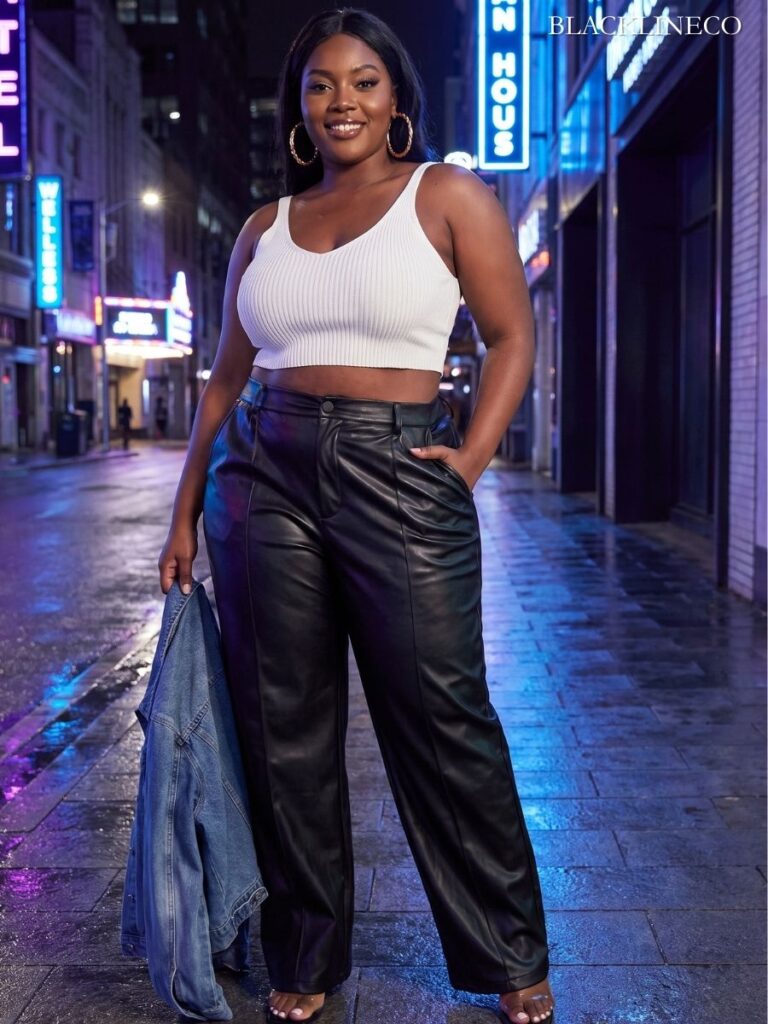  Plus-size Black woman in 90s night-out look with pleather pants and ribbed crop top
