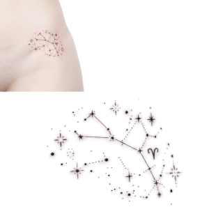 Tiny constellation map zodiac tattoo design over the hip bone