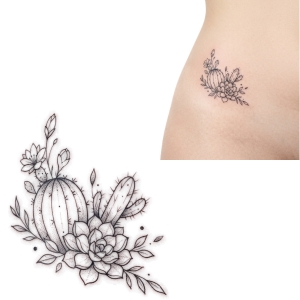 Tiny cactus or succulent tattoo design on the side hip