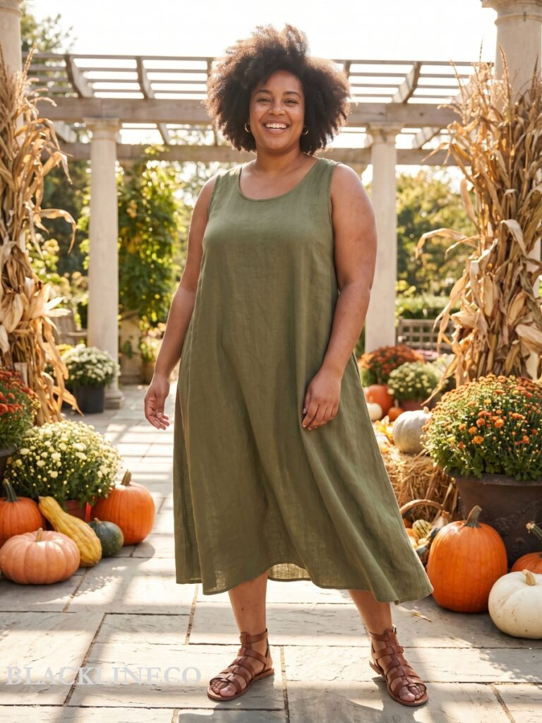 plus size warm weather Thanksgiving outfit with linen dress