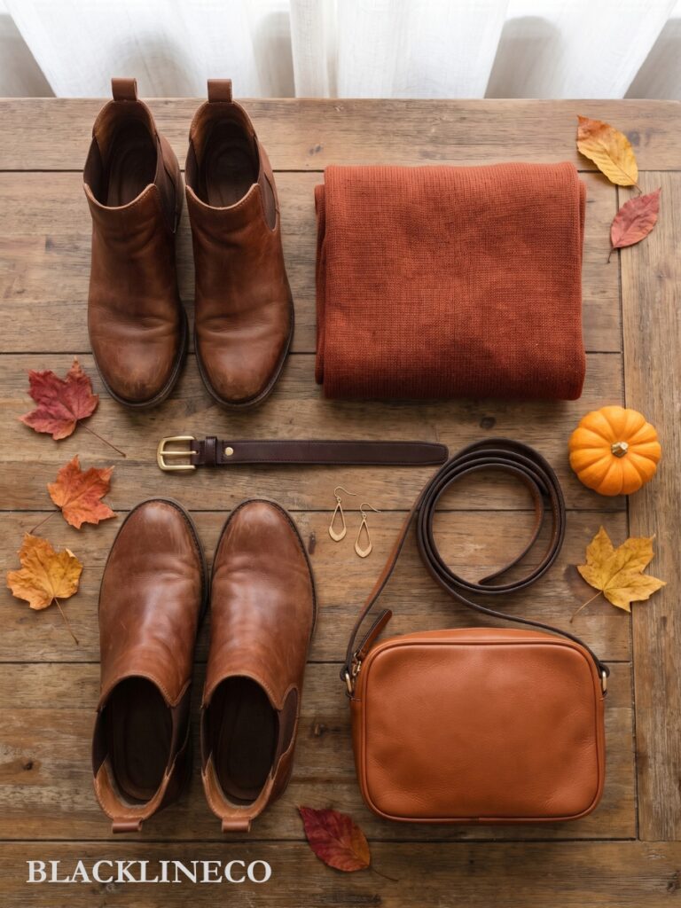 boots, earrings, scarf and belt for a Thanksgiving outfit