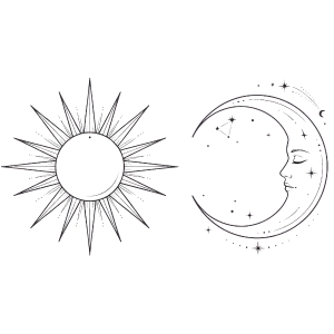 Minimalist sun and moon tattoo design facing each other on the hip