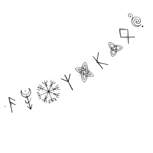 Small runic or custom symbol tattoo design along the hip line
