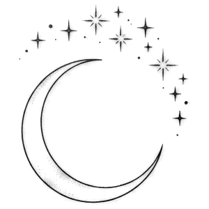 Tiny crescent moon with star cluster tattoo design for above the hip bone