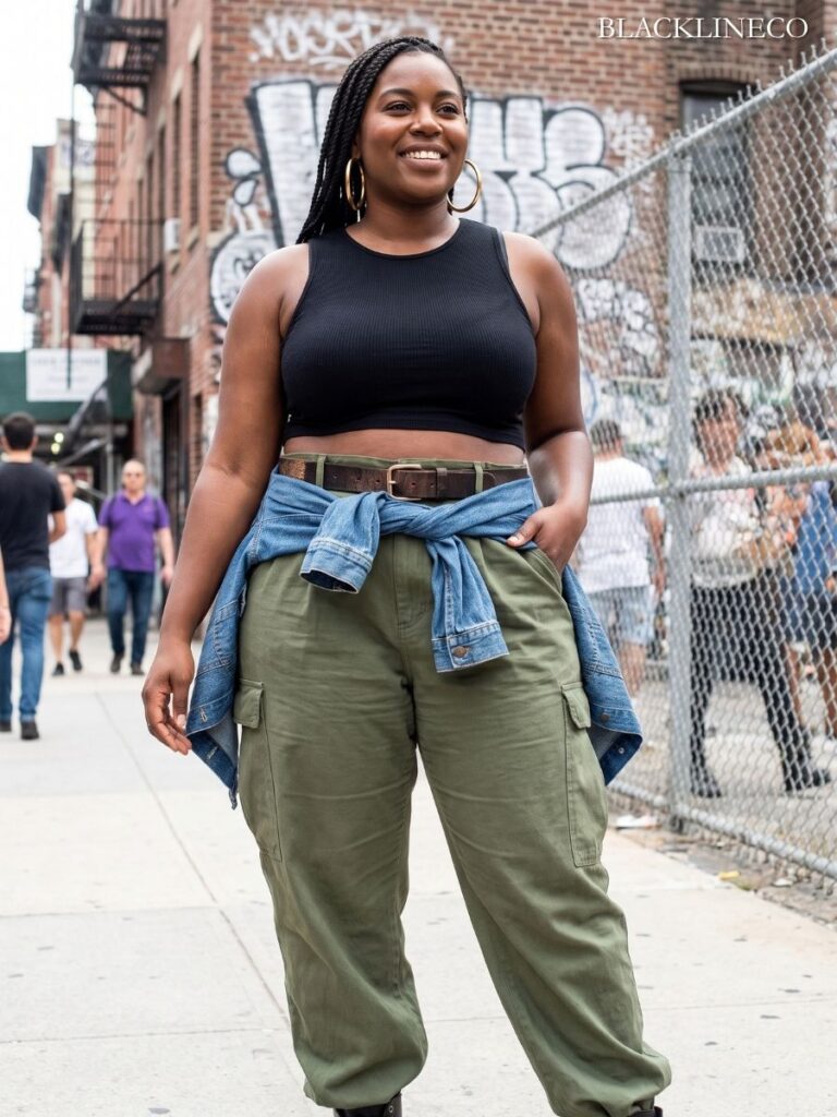 Plus-size Black woman in 90s hip-hop look with high-waisted cargo pants and fitted crop top