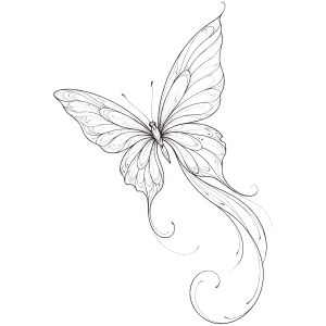 Fine-line butterfly tattoo design with one wing extending toward the thigh