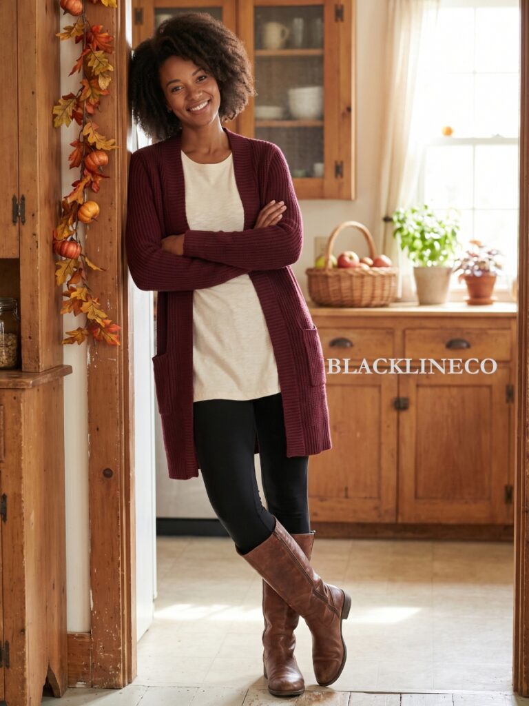 plus size Thanksgiving outfit with leggings and long cardigan