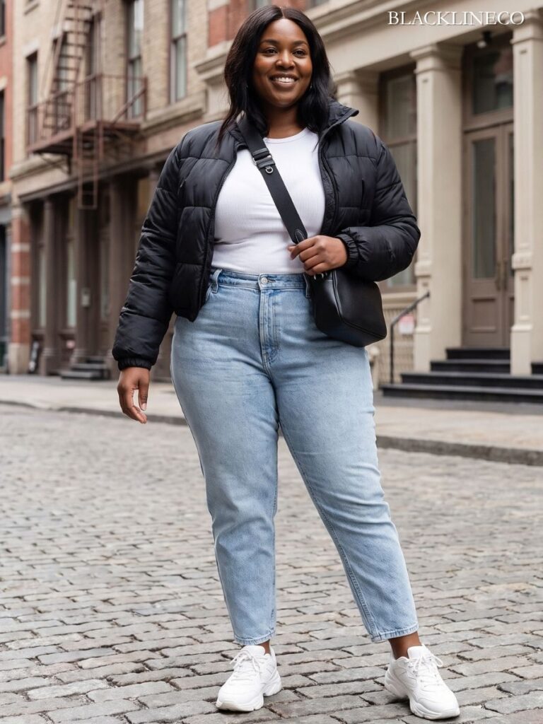 Plus-size Black woman in casual 90s mom-jeans outfit with puffer jacket and crossbody bag