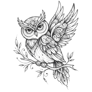 Fine-line owl tattoo design for side hip placement
