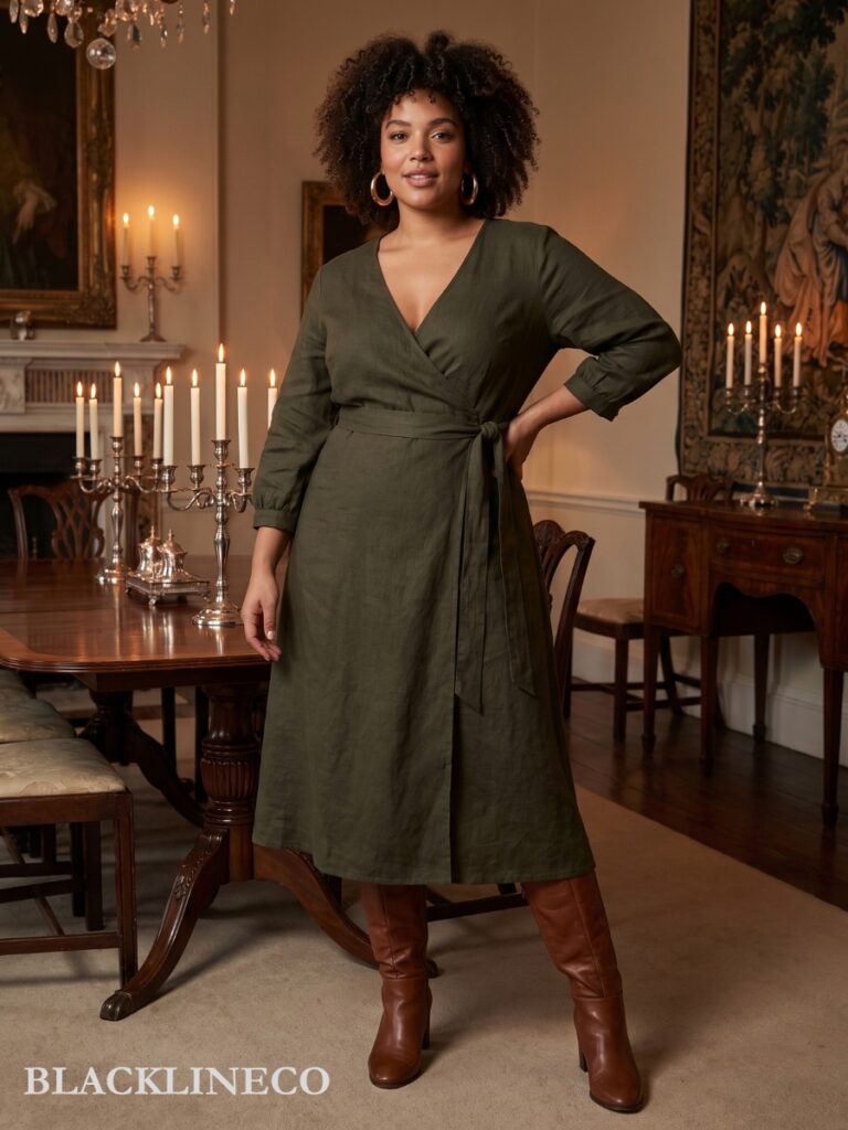 plus size wrap dress and boots Thanksgiving outfit