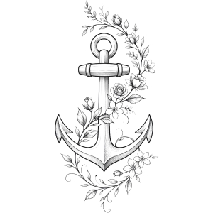 Small anchor with floral wrap tattoo design around the hip