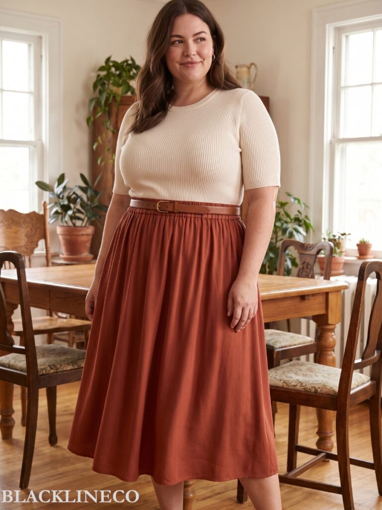 plus size midi skirt and knit top Thanksgiving outfit