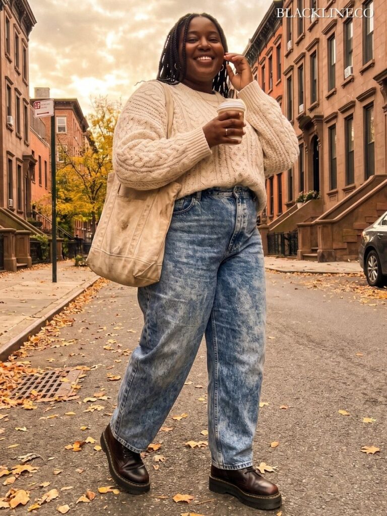 Plus-size Black woman in 90s acid-wash jeans with boxy sweater and chunky boots