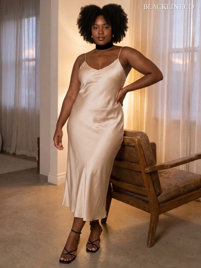  Plus-size Black woman in a 90s slip dress with choker and strappy sandals