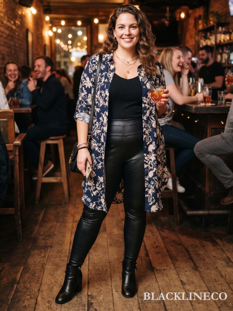 Plus size woman in faux leather leggings, long tunic top, and heeled ankle boots for a casual night out or gig