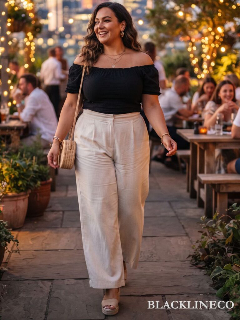 Plus size woman in an off-shoulder top, high-waist wide-leg trousers, and wedge sandals for a summer night out