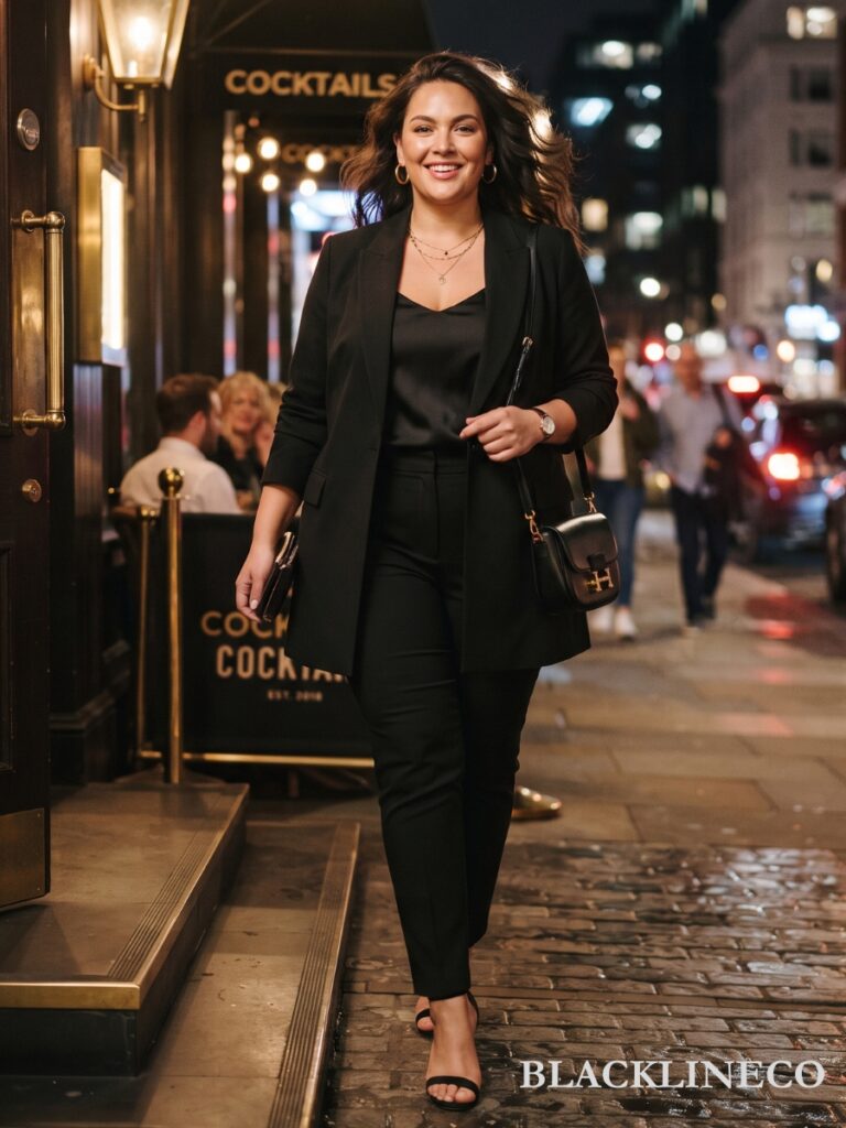 Plus size woman in a structured blazer, cami, slim-fit trousers, and heels for a cocktail bar or nice restaurant