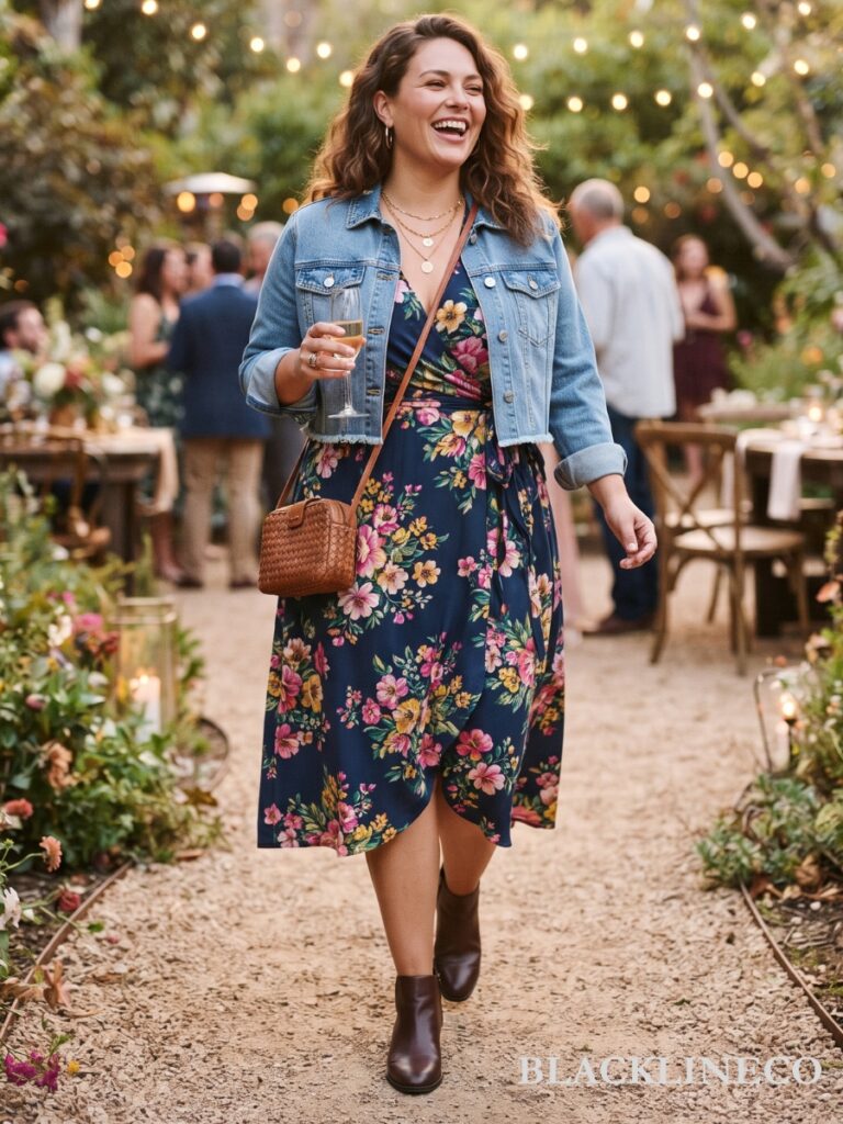 Plus size woman in a floral midi dress, cropped denim jacket, and ankle boots for a garden party or day-to-night event