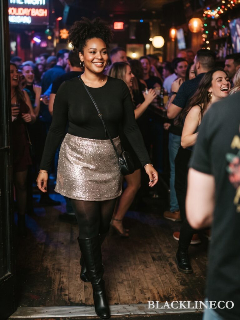 Plus size woman in a sparkly mini skirt, simple top, tights, and boots for a club or holiday party