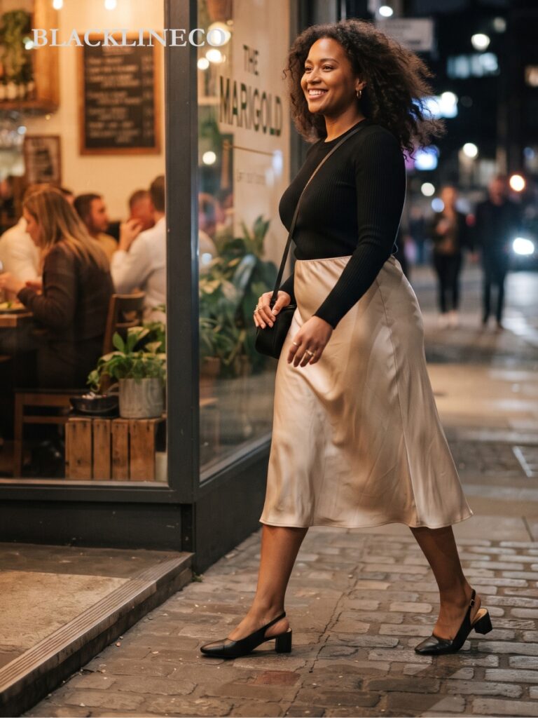 Plus size woman in a satin slip midi skirt, fitted tee, and heeled mules for a casual dinner or drinks 