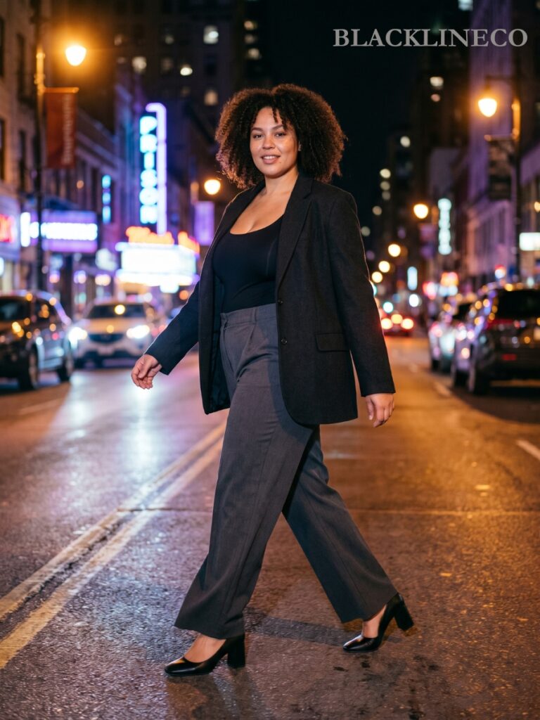 Plus size woman in a going out outfit with black bodysuit, high-waist trousers, blazer and block heels