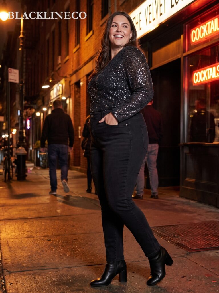Plus size woman wearing a sequin top, black high-waist jeans and block heels for a night out