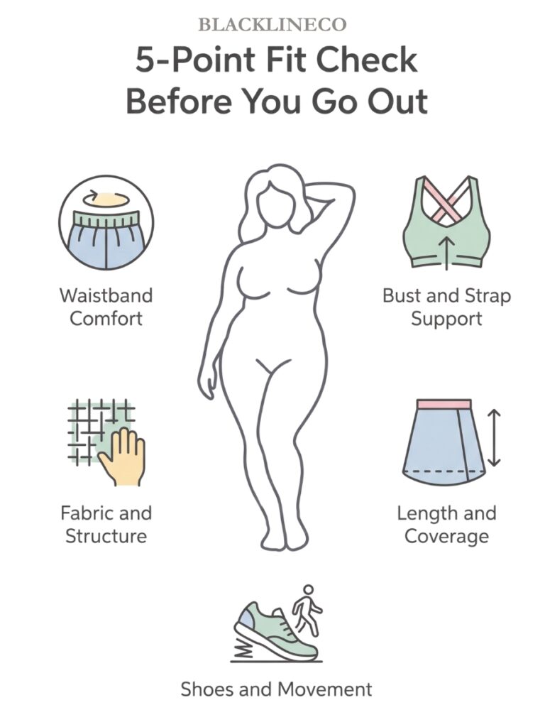 Infographic showing a 5-point fit check for plus size going out outfits: waistband, bust and straps, fabric, length, and shoes