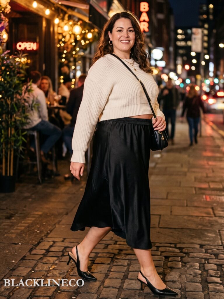 Plus size woman in a satin midi skirt, cropped sweater, and heeled mules for a dinner date or cocktail bar