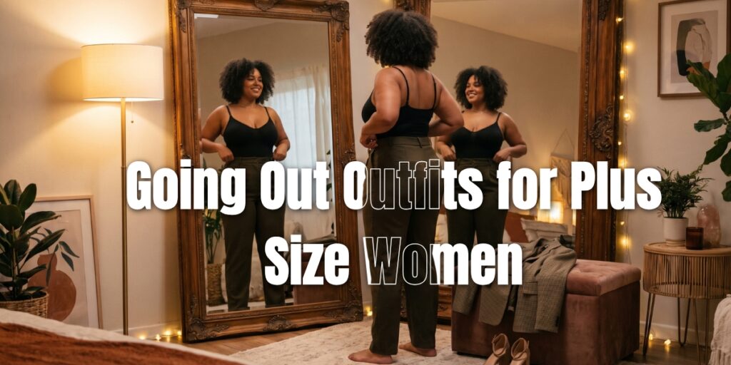Infographic showing a 5-point fit check for plus size going out outfits: waistband, bust and straps, fabric, length, and shoes