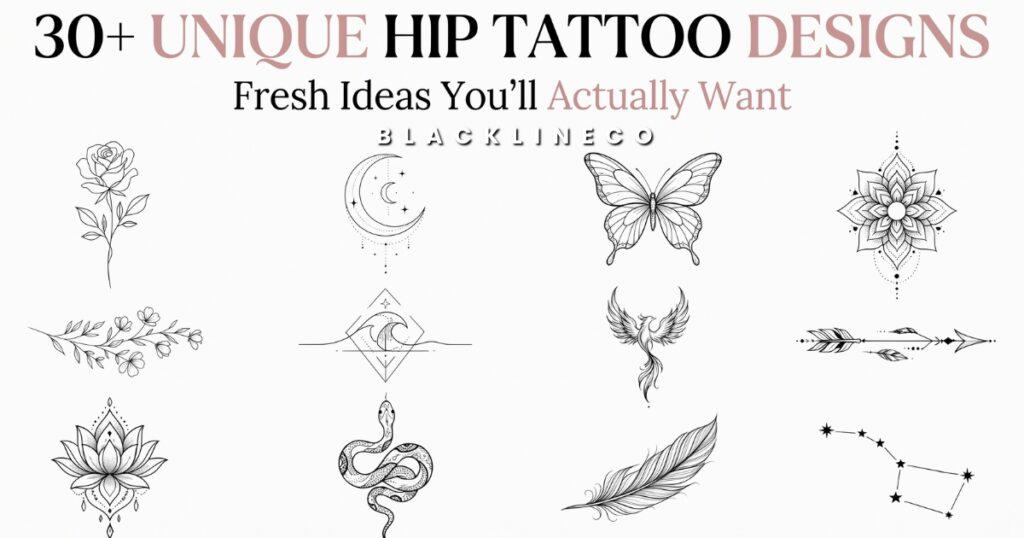 Collage of unique hip tattoo designs including rose, moon, butterfly, mandala, vine, wave, phoenix, arrow, lotus, snake and constellation with title text “30+ Unique Hip Tattoo Designs”
