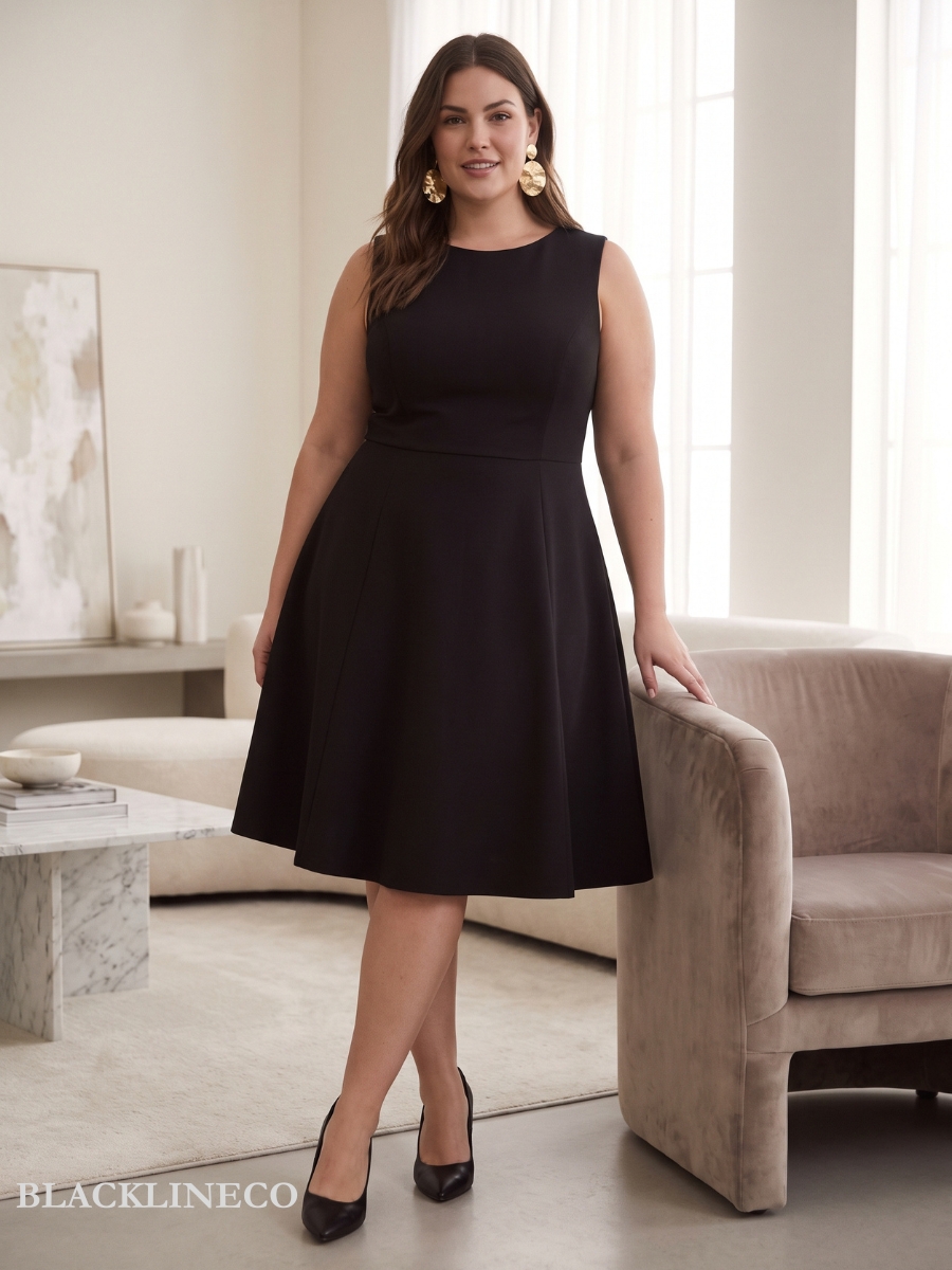 plus size black cocktail dress in an A-line cut with statement earrings