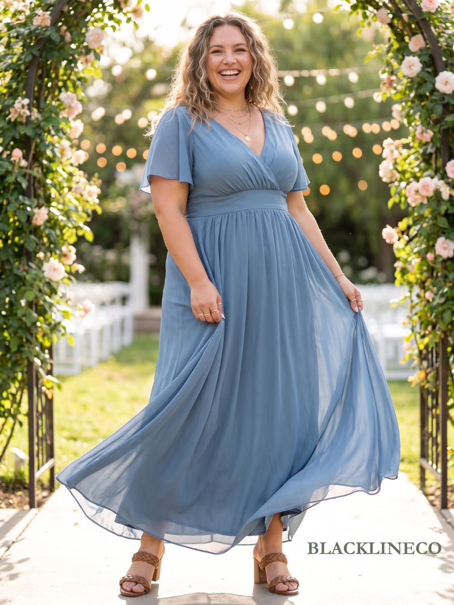 Plus size woman in a dusty-blue chiffon maxi dress at a summer garden wedding