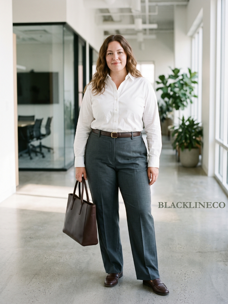 plus size work outfit with high-waisted charcoal trousers and a white button-down shirt