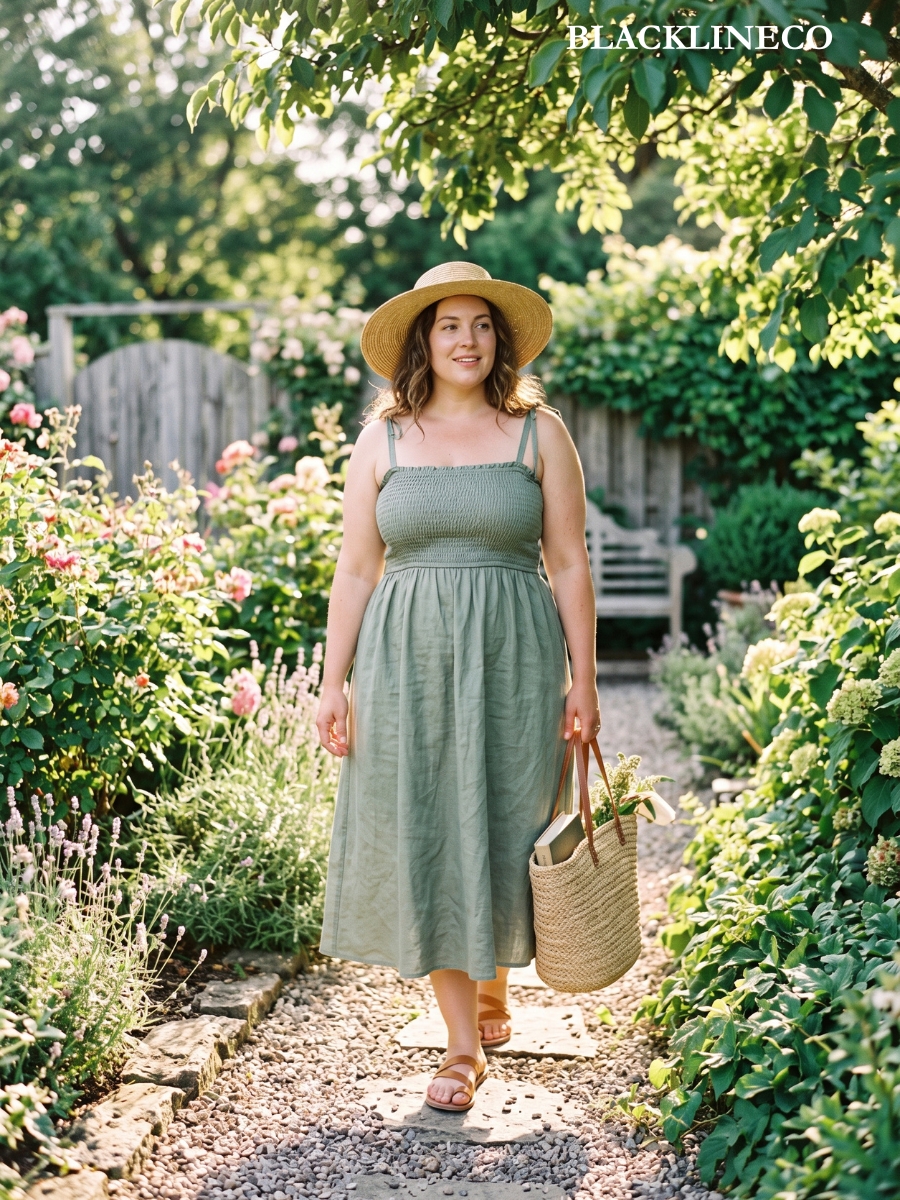 plus size sage green linen midi sundress with a smocked bodice and straw hat