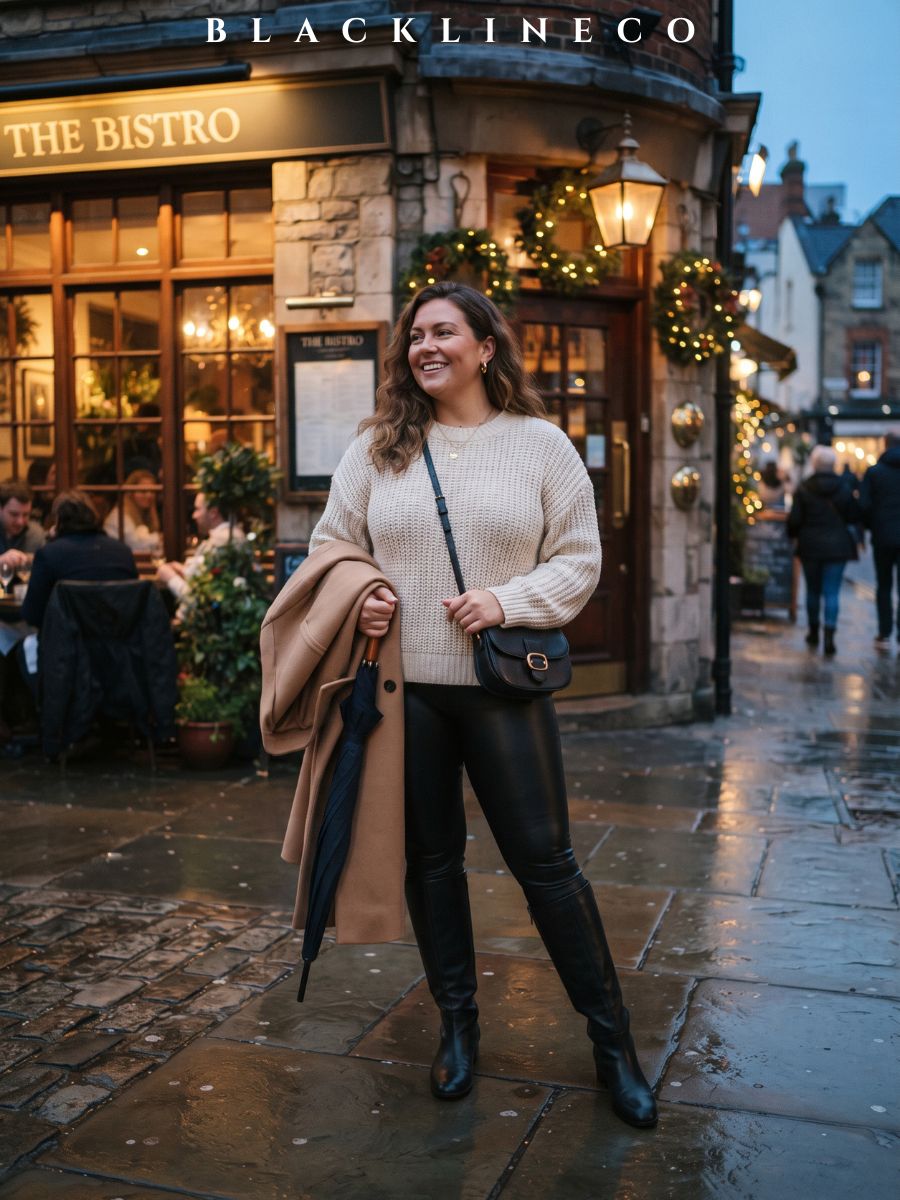 plus size cream chunky knit sweater with black faux leather leggings and knee-high boots