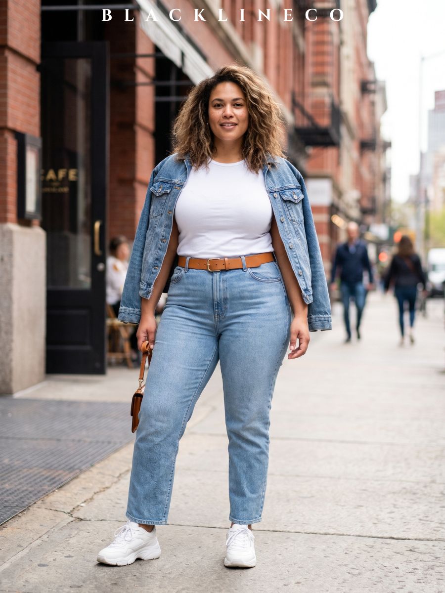 Curvy plus size woman wearing light blue high-waisted jeans and a white t-shirt on a city street