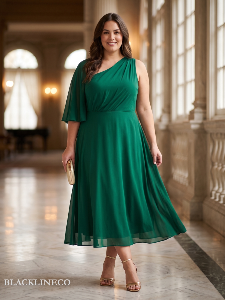 plus size emerald green one-shoulder midi cocktail dress with gold heels