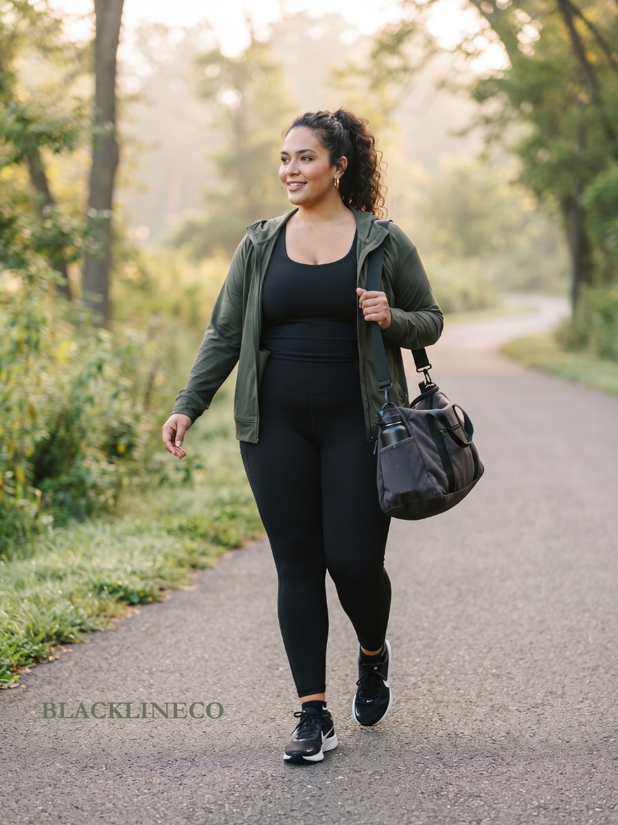 plus size layered workout outfit with leggings, tank, and lightweight jacket
