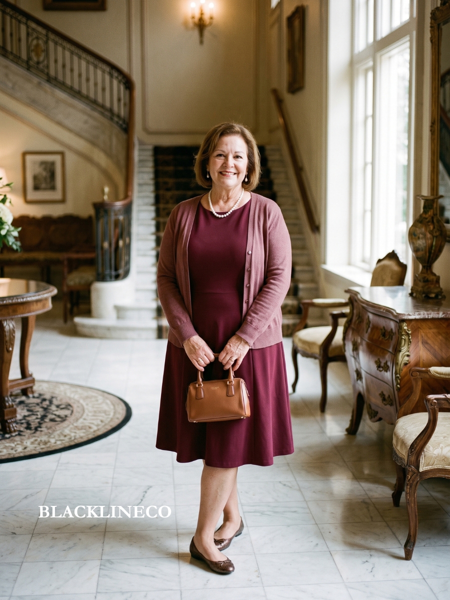Elegant plus size woman over 60 wearing a burgundy knee-length dress to a wedding