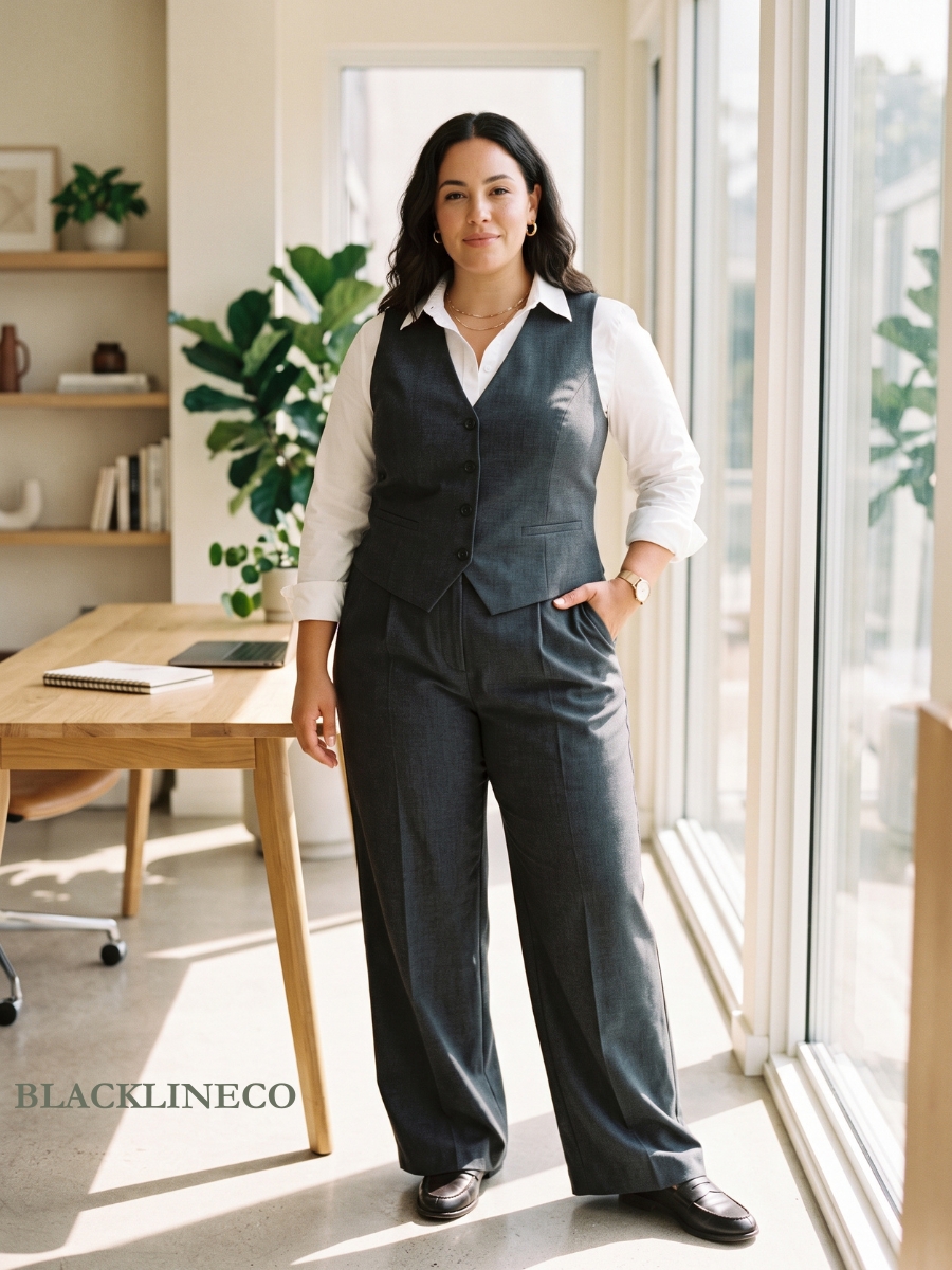 plus size work outfit with a charcoal tailored vest, white blouse, and wide-leg trousers