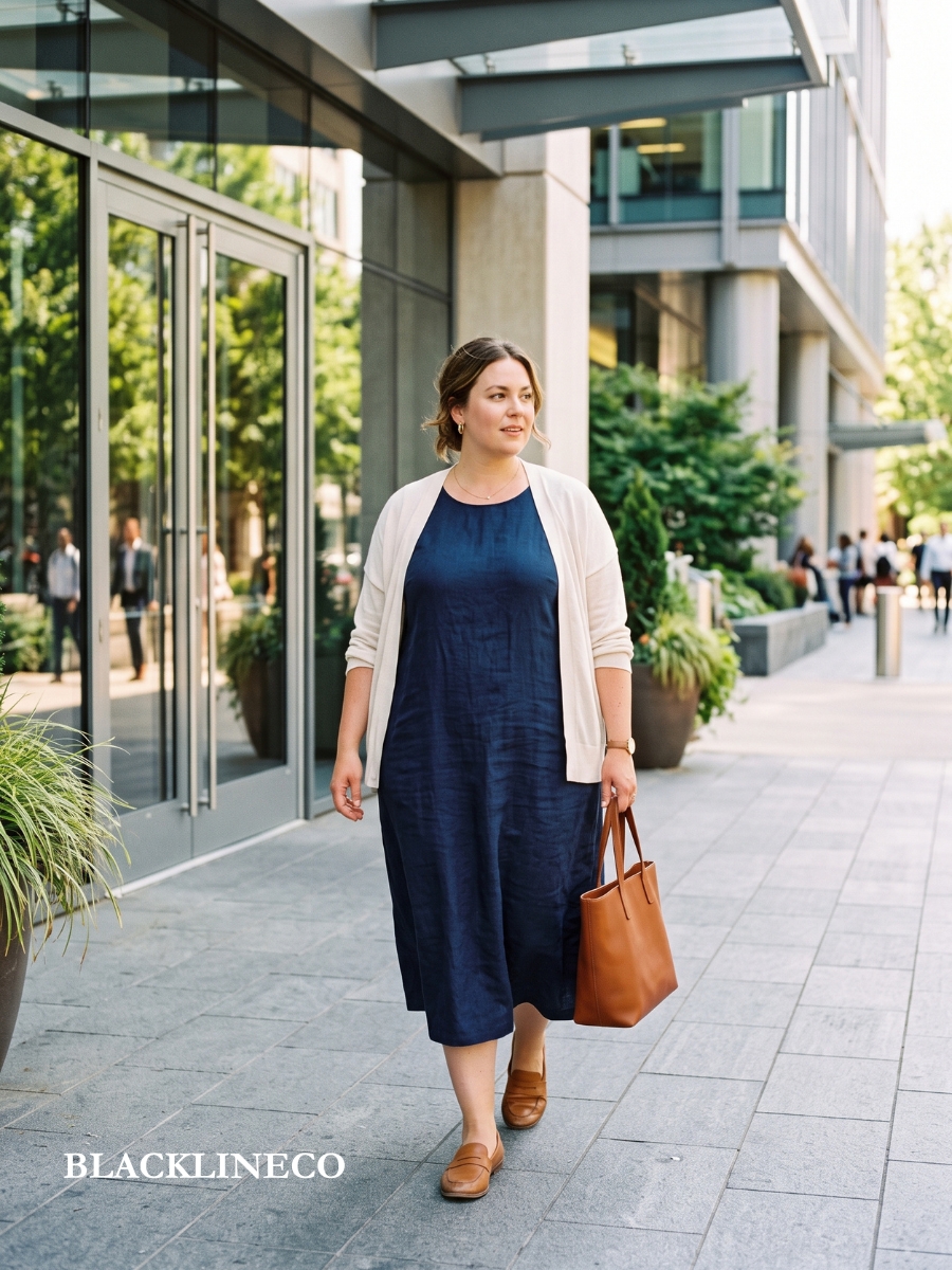 plus size breathable navy midi dress with a cream cardigan for a summer office