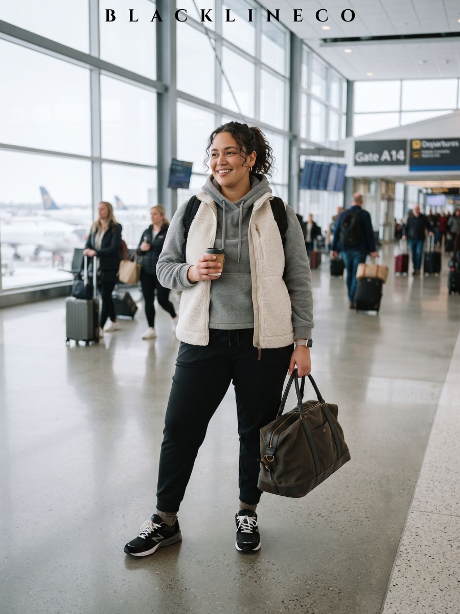plus size grey fleece hoodie with a cream sherpa vest and black joggers for travel