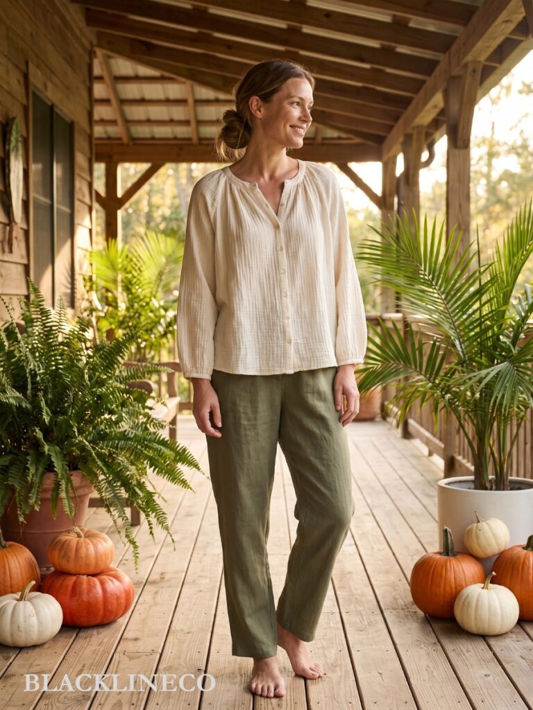 loose cotton top and lightweight pants for a humid Thanksgiving