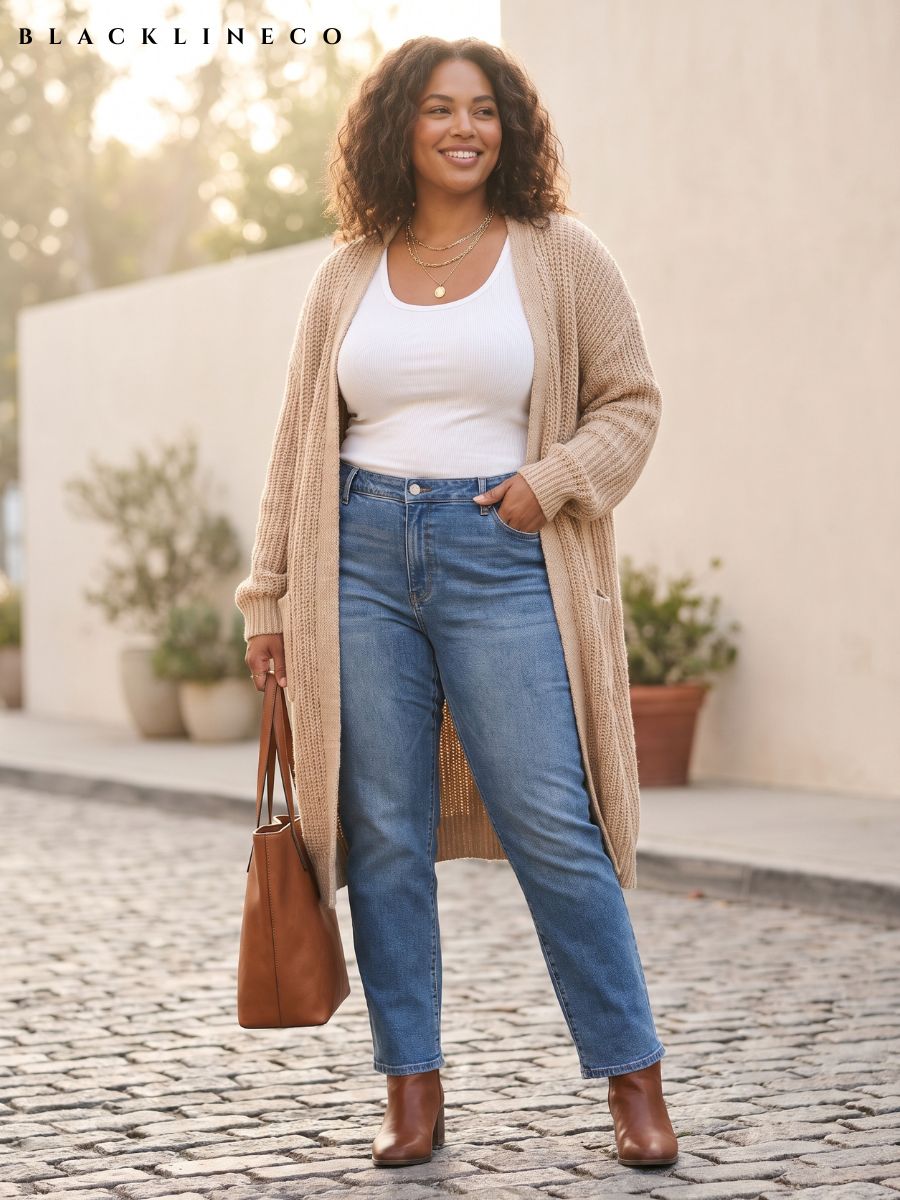 Plus size woman wearing a long beige cardigan, white tank top, and medium blue jeans