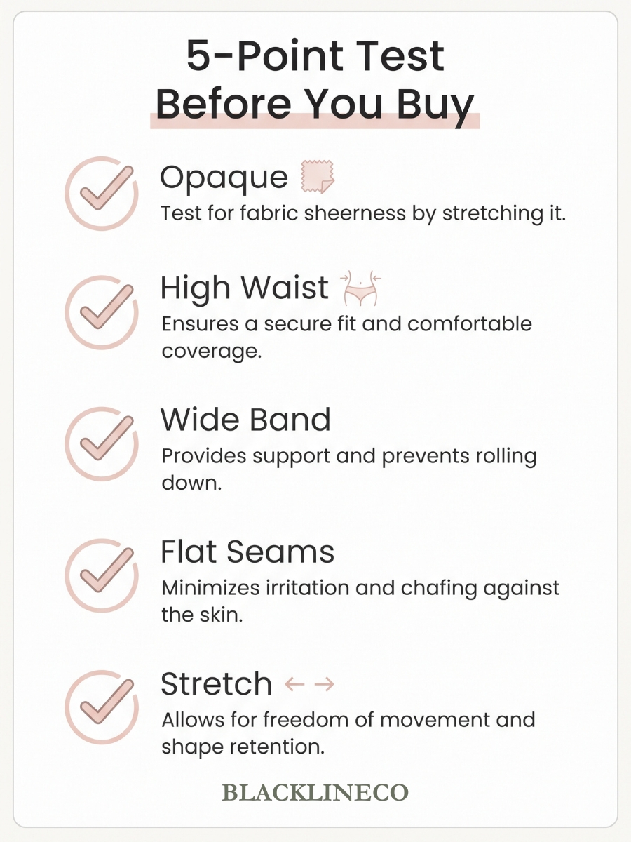 checklist graphic with a 5-point test before buying plus size activewear