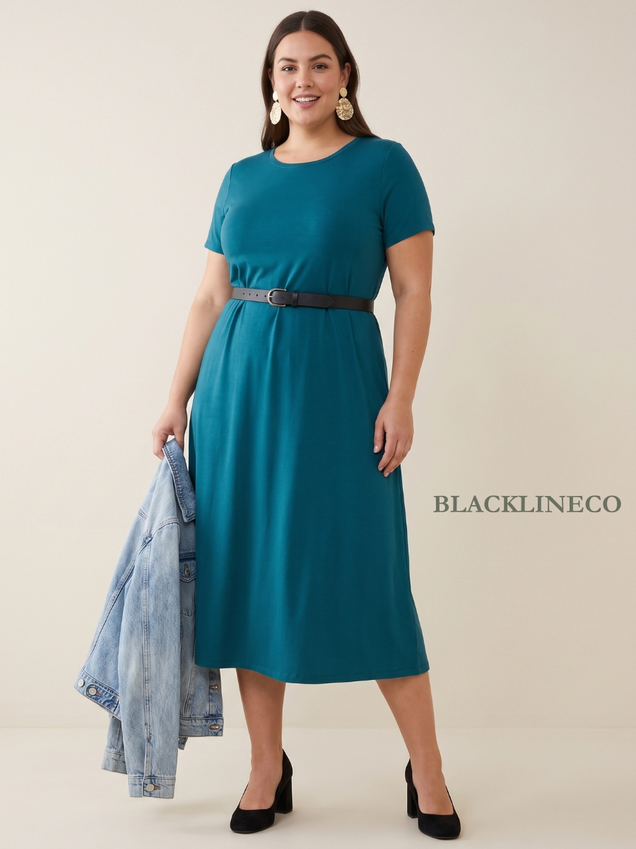 Budget plus size wedding guest outfit with teal midi dress, belt, and block heels