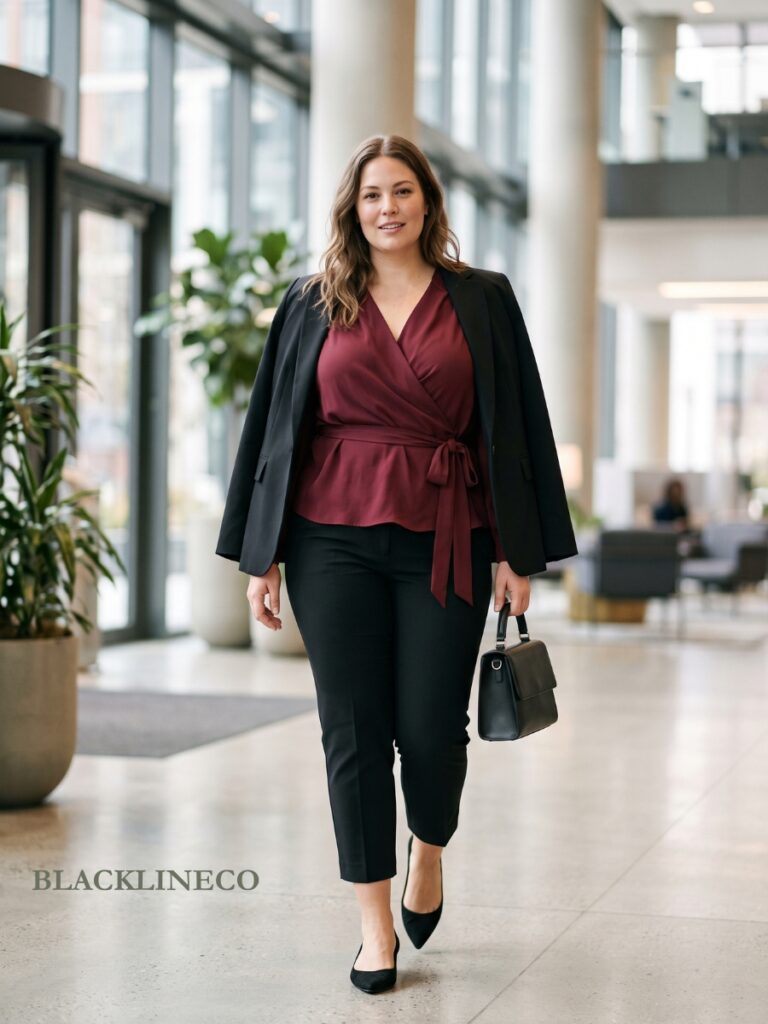plus size burgundy wrap blouse with cropped black trousers for the office
